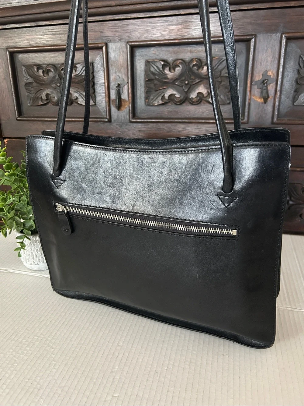 Monsac Black Leather Shoulder Tote with Logo Charm